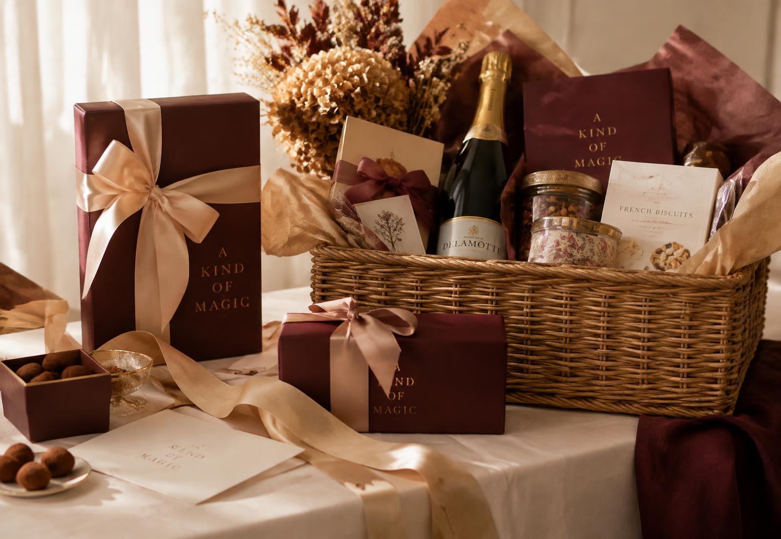 Burgundy gift boxes with champagne ribbons beside a wicker hamper